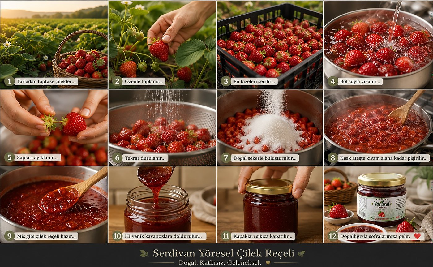 Çilek reçeli üretim adımları — tarladan kavanoza
