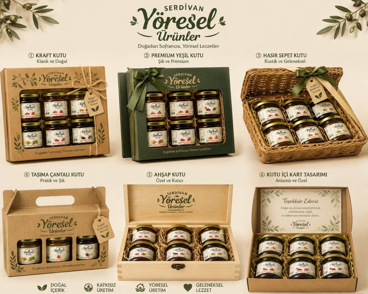 Kraft kutu, yeşil kutu, hasır sepet ve ahşap kutu hediye setleri